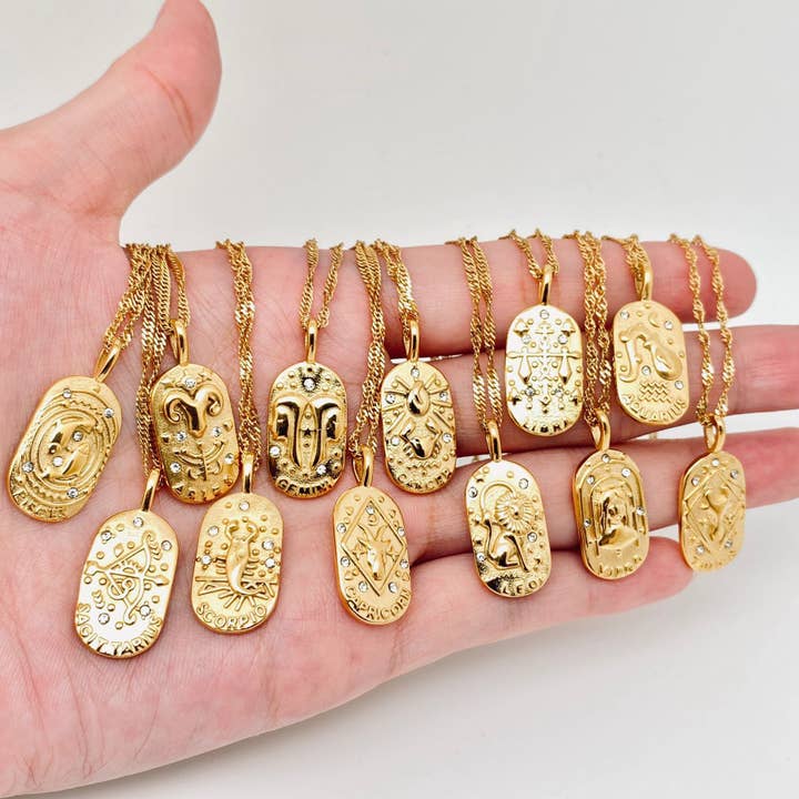 Mio Queena - Wholesale Pendant/Charm Necklace - Zodiac Design 18K Gold Plated 12 Constellation Necklace -FGS