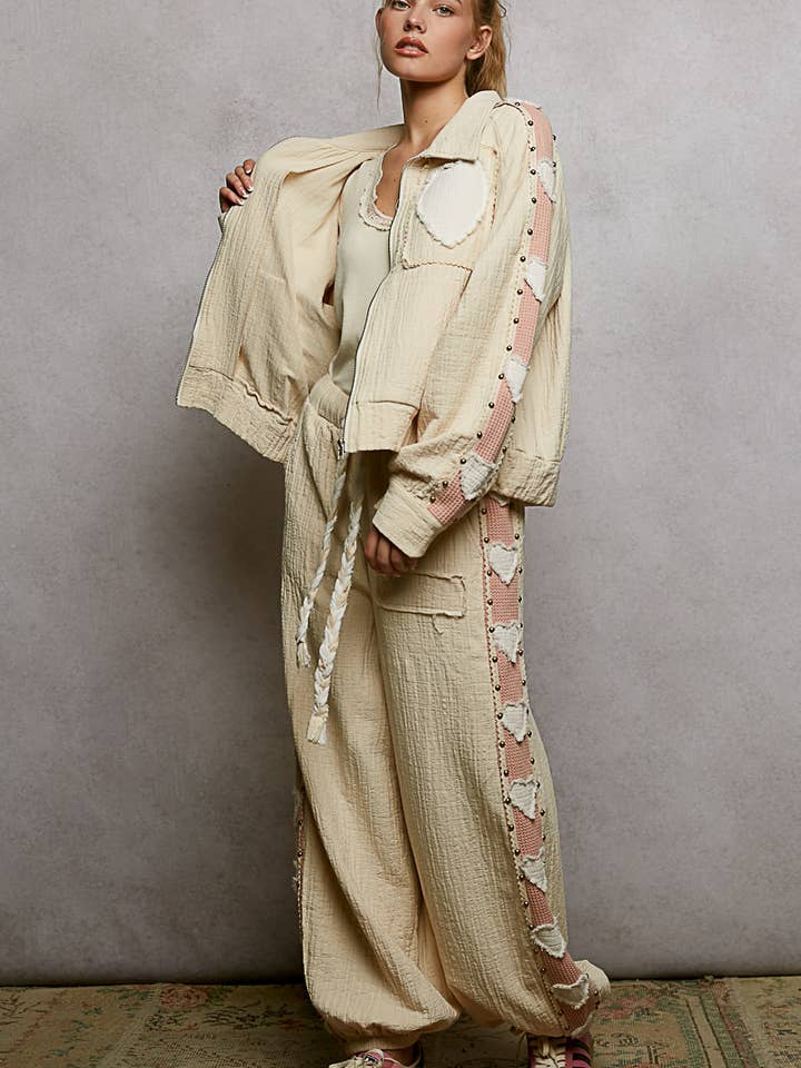 Heart Patch Waist Loop Stud Trim Double Gauze Jogger Pants for wholesale by Pol Clothing