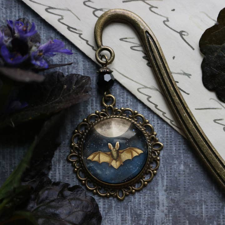 Bat on Full Moon Goth Halloween Bronze Bookmark for wholesale by The Divine Iguana