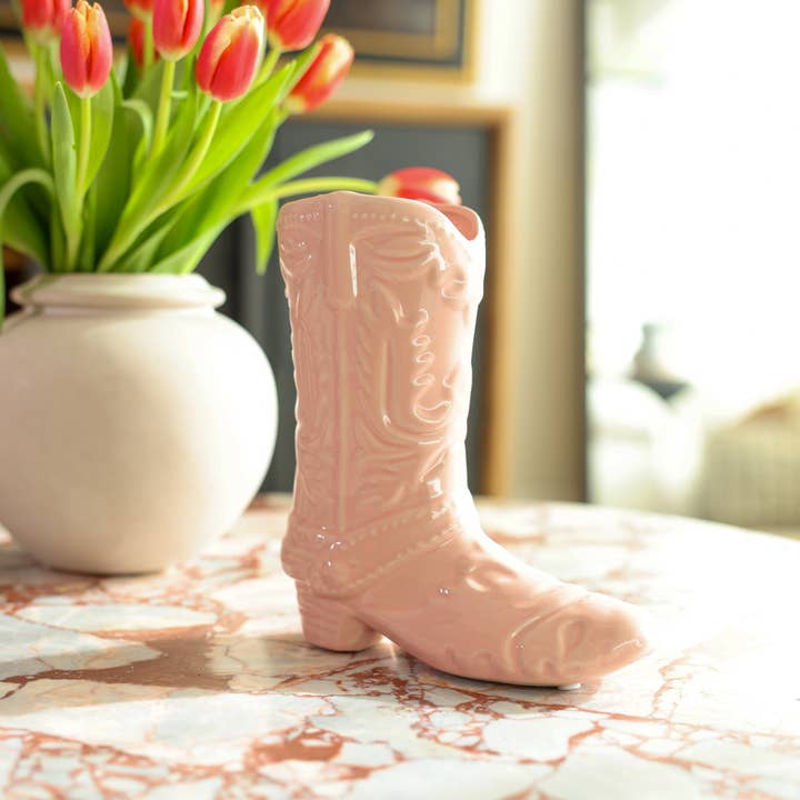 Flora Bunda Inc - Wholesale Vase - 8.5 H Pink Ceramic Cow Girl Boot Vase