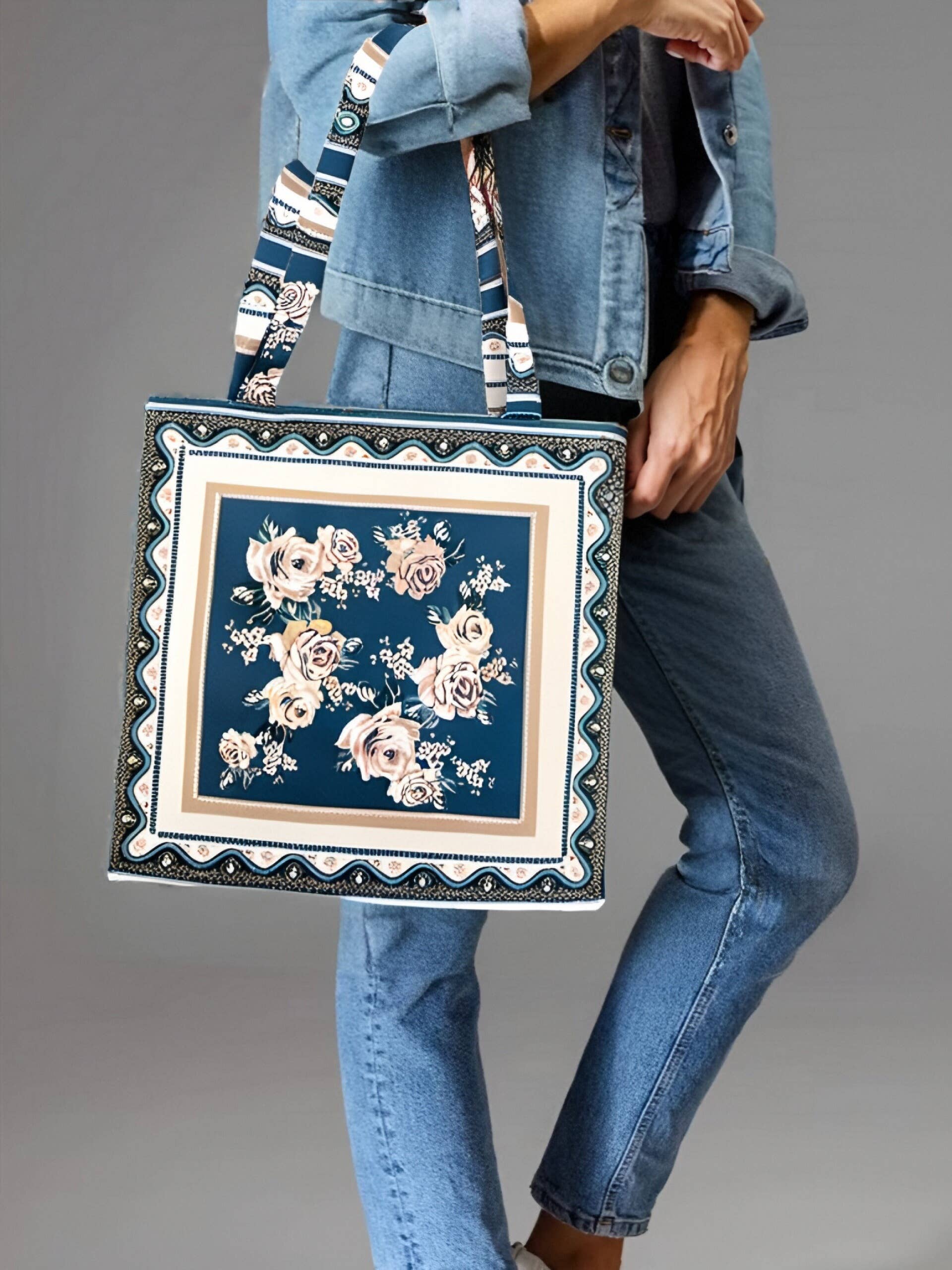 JC Sunny Fashion – wholesale Tote bag – Women's – JCFB0090 Art-Inspired Premium Shoulder Bag--Teal Bordered Floral1