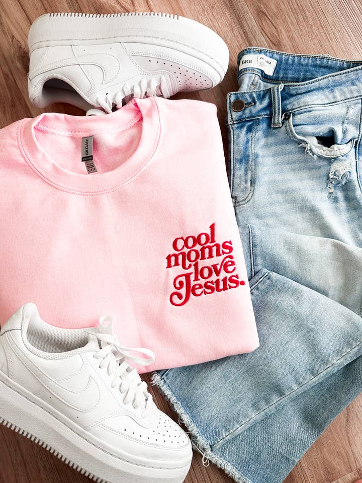 Cool Moms Love Jesus Embroidery Valentines Color Sweatshirt for wholesale by D&E Tees