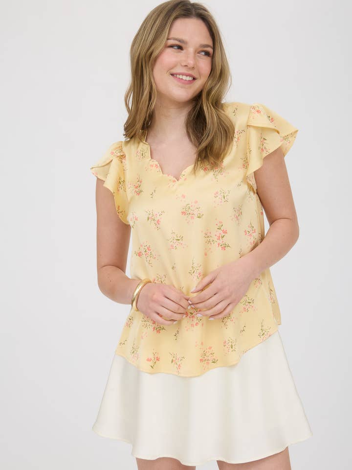 Blu Pepper - Vendita all'ingrosso Camicetta - Donna - Blusa in raso con scollo a V e stampa floreale con bordi smerlati19