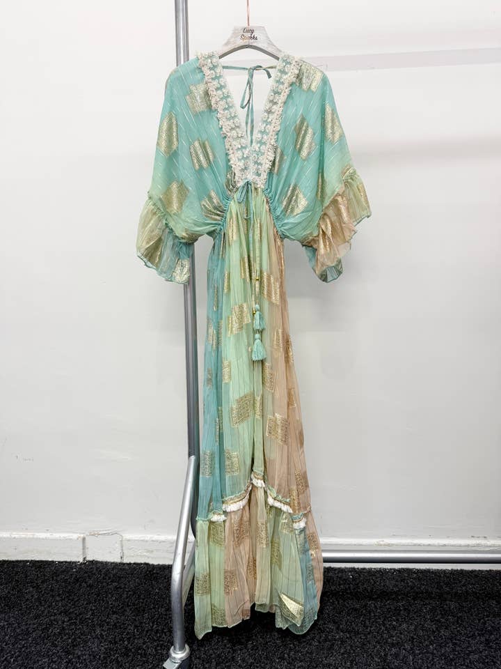 Lucy Sparks - Wholesale Dress - Women's - GOLDEN FOIL PRINT AND STRIPES FLARED MAXI DRESSÂ