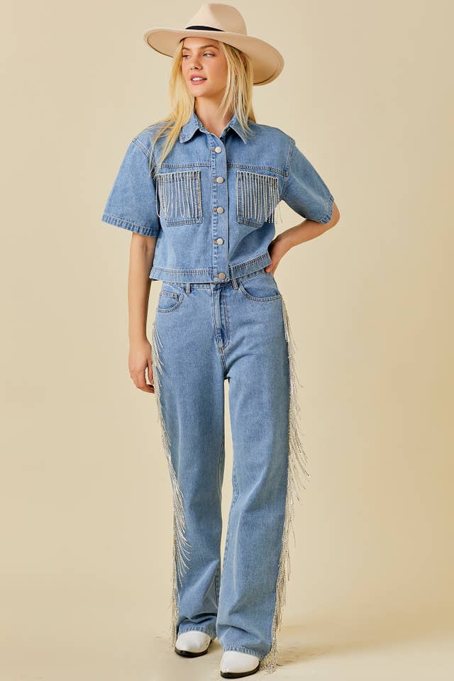 Side And Back Rhinestone Fringe Trim Denim Pants for wholesale on Faire8