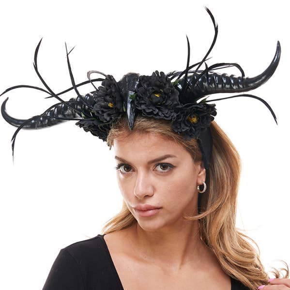 KBW Global Corp. - Wholesale Fashion Headband - Unisex - Black Ram Horn Headpiece with Feathers0