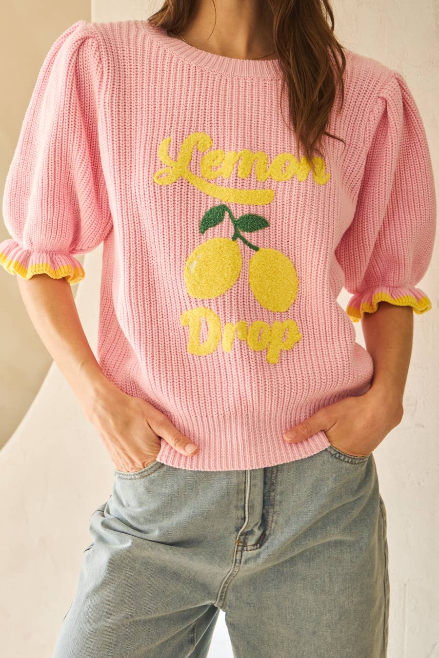 LT Pink Lemon Drop Graphic Knitted Sweater for wholesale on Faire1