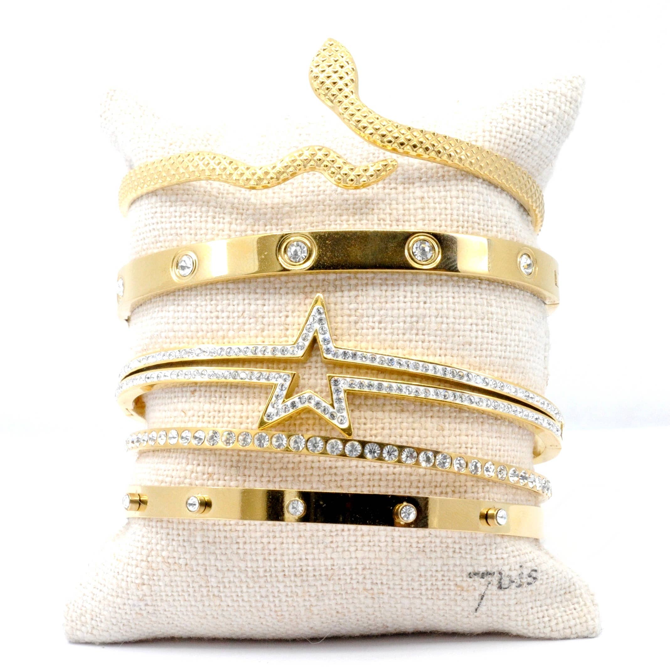 Bijoux 7bis – Conjunto de joias por atacado – Conjunto de 5 pulseiras douradas em aço inoxidável com design de serpente1