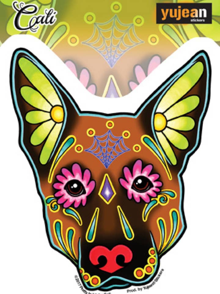Cali German Shephard Day Of The Dead Sticker 5" for wholesale by Sunshine Joy