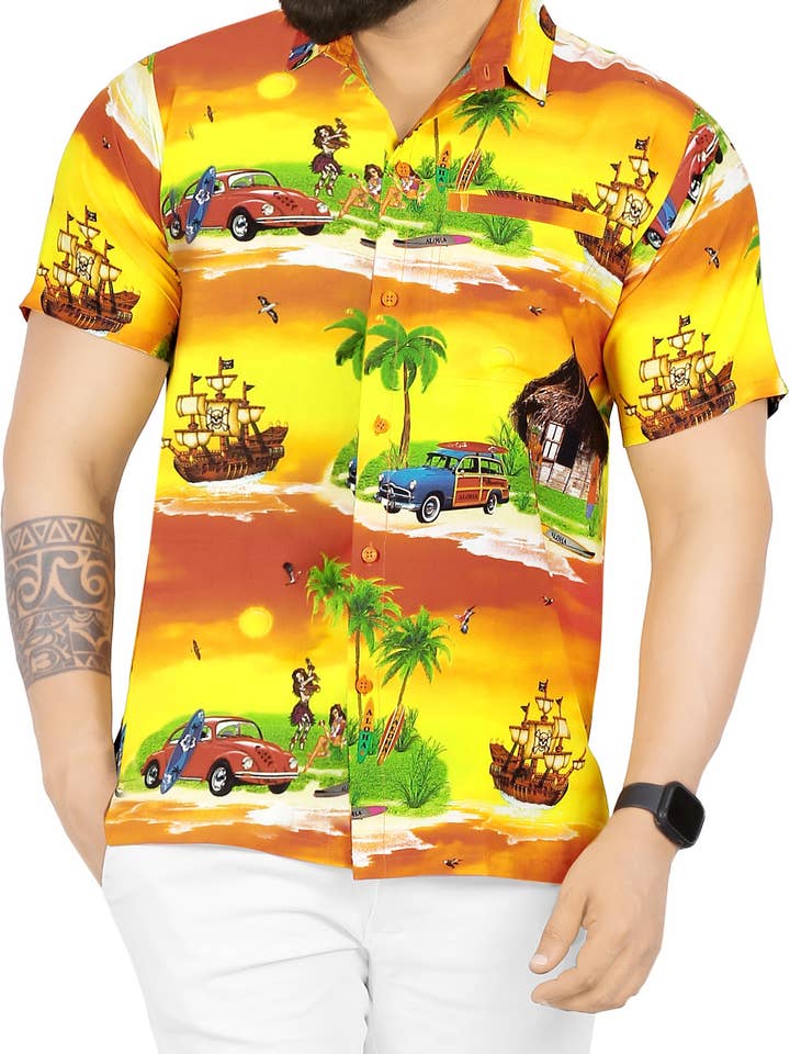 Men Hawaiian Shirt Collar Button Down Yellow_W605 M|Chest 4 for wholesale by LA LEELA \ HAPPY BAY