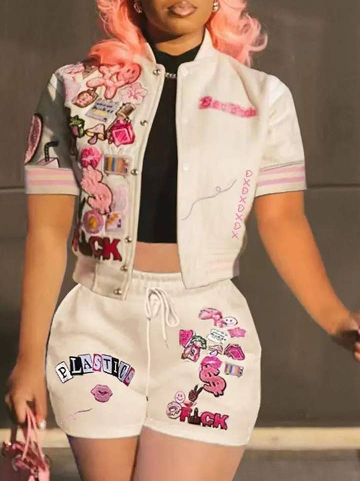 Flarix - Wholesale Top & Short Set (NOT Loungewear) - Women's - letter graphic pattern baseball top shorts set20