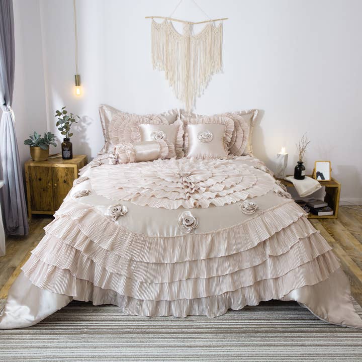 Tache Home Fashion - Wholesale Bedding Set - Tache Satin Ruffle Luxury Floral Champagne Beige Frosted Field Comforter Set (MZ1051)2