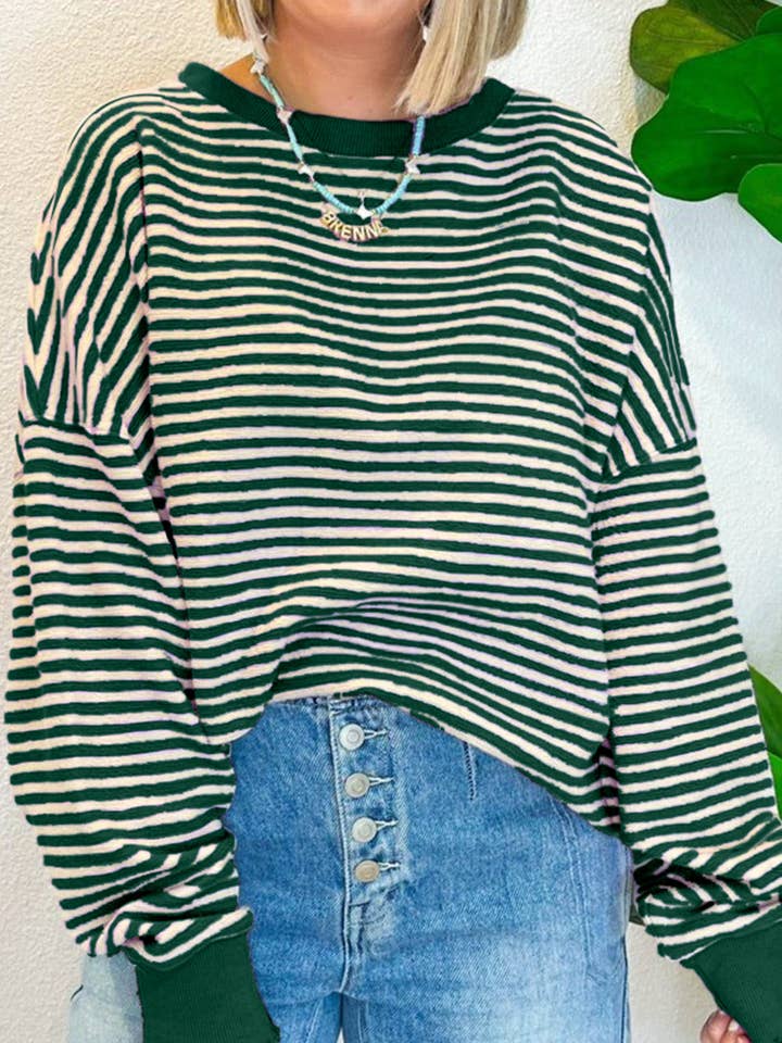 LALA LOO - Wholesale Knit Top - Women's - Stripe Drop Shoulder Long Sleeve Top