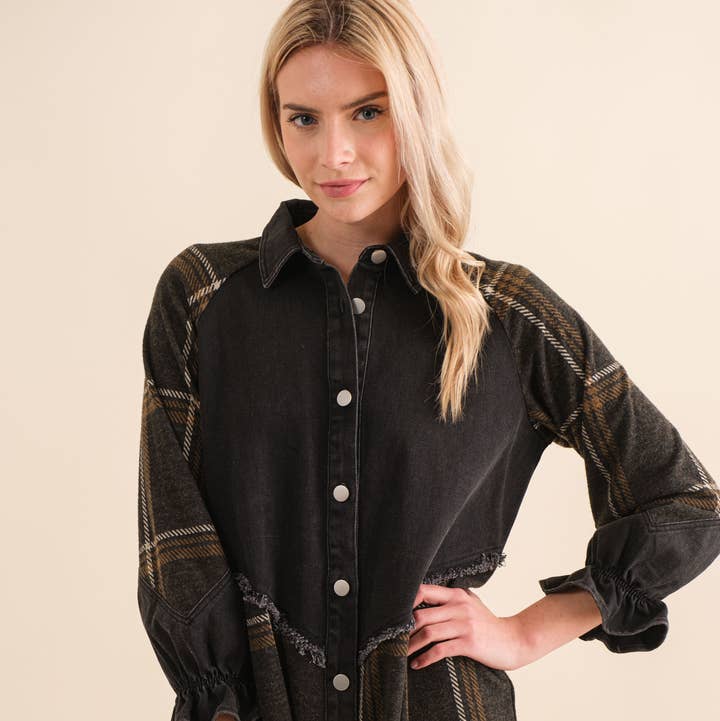 BLACK 22373D - Denim Mix Brushed Plaid Button Up Dress for wholesale on Faire