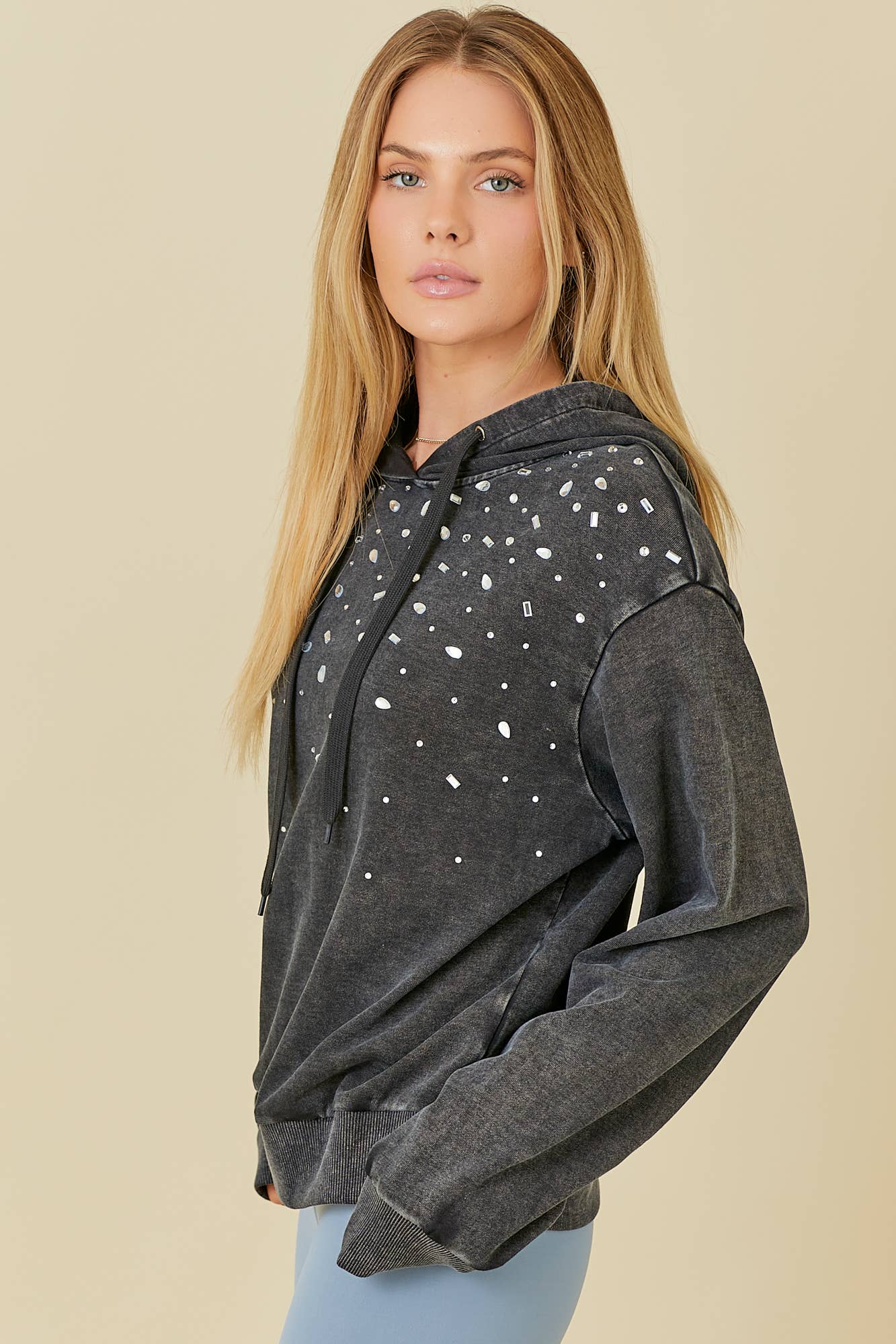 BLACK Washed Hoodie With All Over Rhinestone Detail for wholesale on Faire16