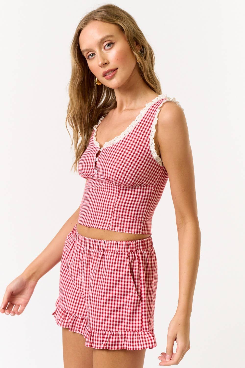 Blue Blush - Wholesale Blouse - Women's - Gingham Lace Crop Top7