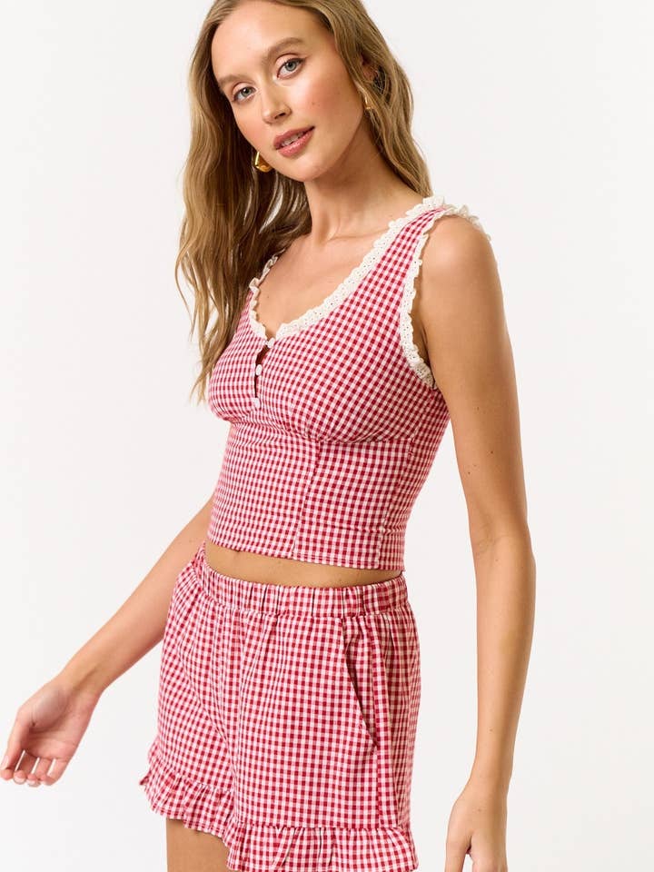 Blue Blush - Wholesale Blouse - Women's - IBT32237 Gingham Lace Crop Top7