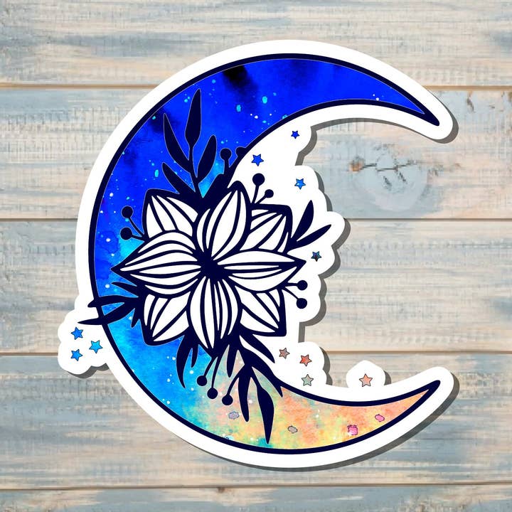 Autocollant de Lune Croissante avec Grande Fleur | Autocollant ou Aimant pour la vente par Handmade by Marlayna