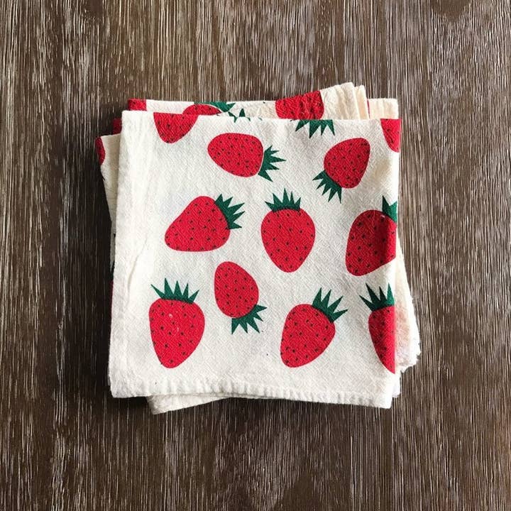 Bright Beige - Wholesale Dinner & Cloth Napkin - Hand Printed Natural Cotton Cloth Napkins, Red Strawberries