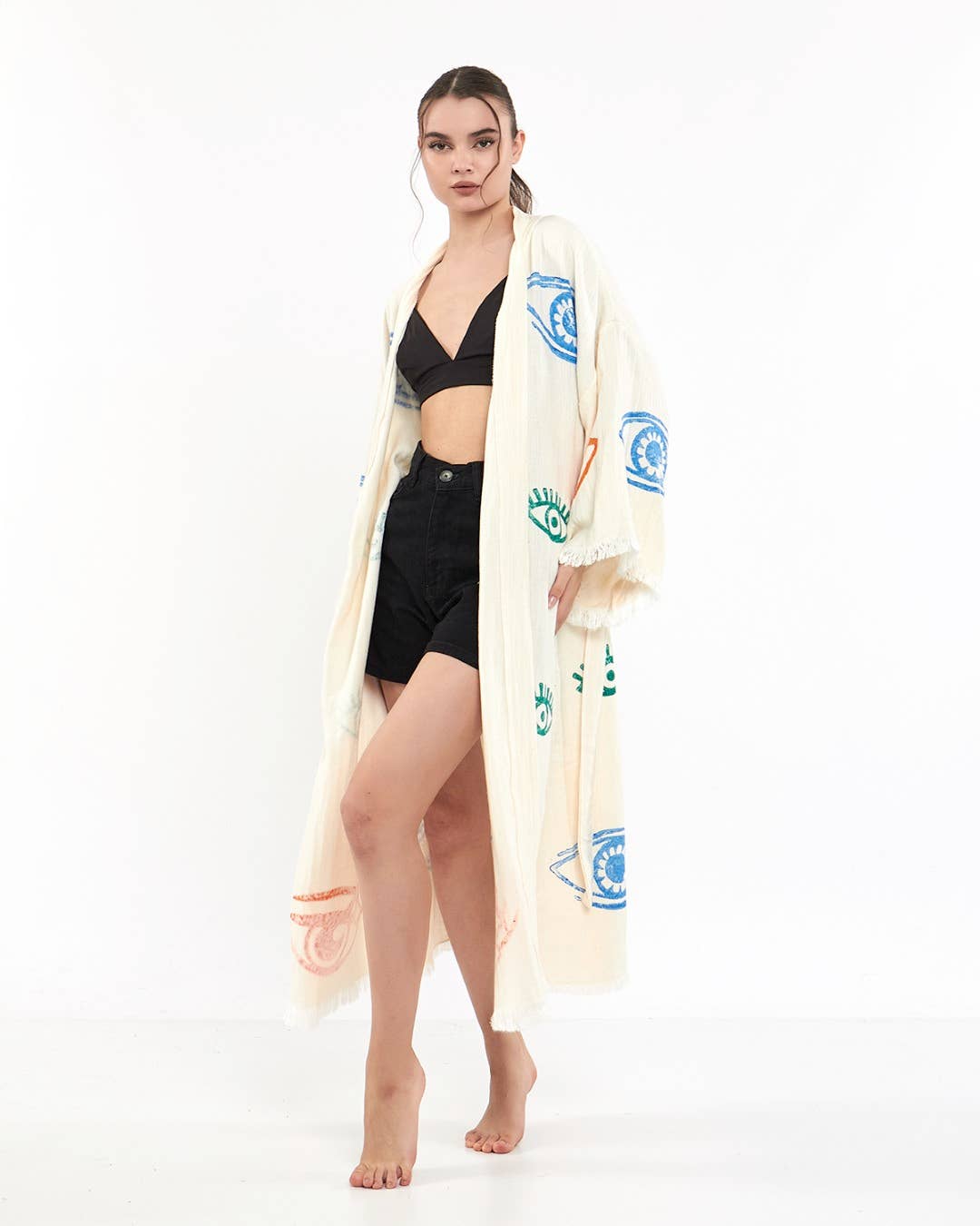 Yaz Concepts - Wholesale Kimono - Women's - Colorful Eye Print Bathrobe Festival Kimono Coverup White  7