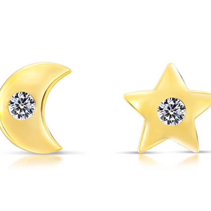 10k Yellow Gold Star and Moon Stud Earrings for wholesale by Paris Jewelry