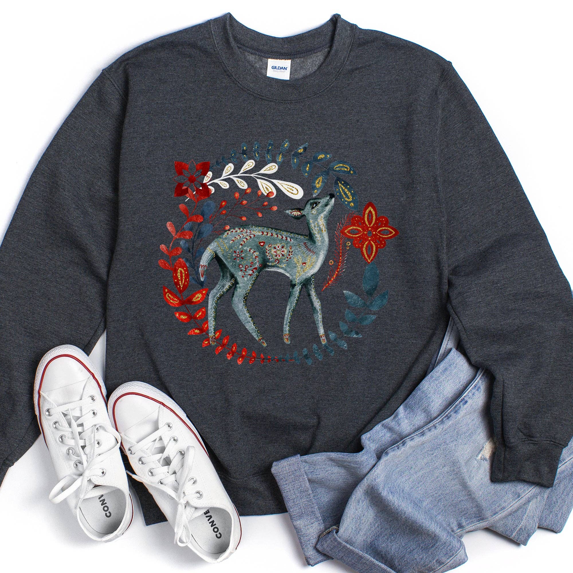 Refinery Number One LLC – wholesale Graphic sweatshirt – Women’s – Deer Folk Art Scandinavian Christmas Sweatshirt3