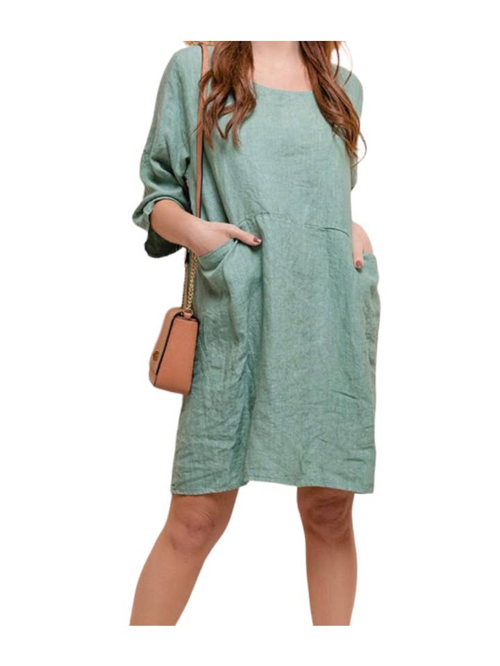 la maison des fibres naturelles - Wholesale Dress - Women's - Short linen dress with round neck 100% linen 6719