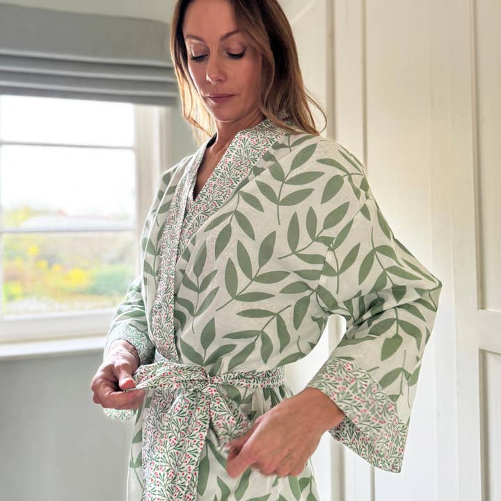 Long Cotton Kimono - Large Leaf Green for wholesale by Lime Tree Design