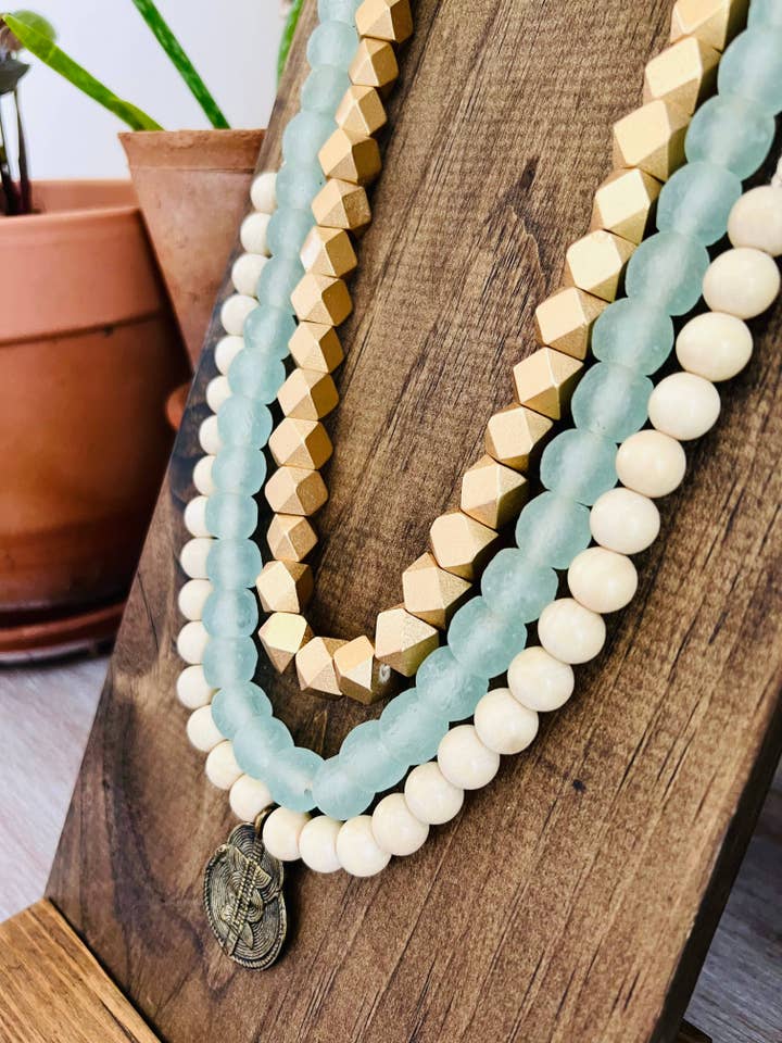 Sea Glass And Wood Golden Beach Goddess Layered Necklaces for wholesale by Twist Style