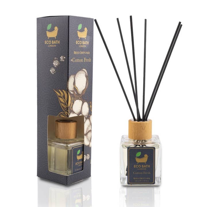 Eco Bath London - Vendita all'ingrosso Diffusori a lamella - Eco Bath London Cotton Fresh Reed Diffusore da 100 ml (3,38 Fl.Oz) - Lussuoso diffusore calmante a bastoncini per profumare la casa