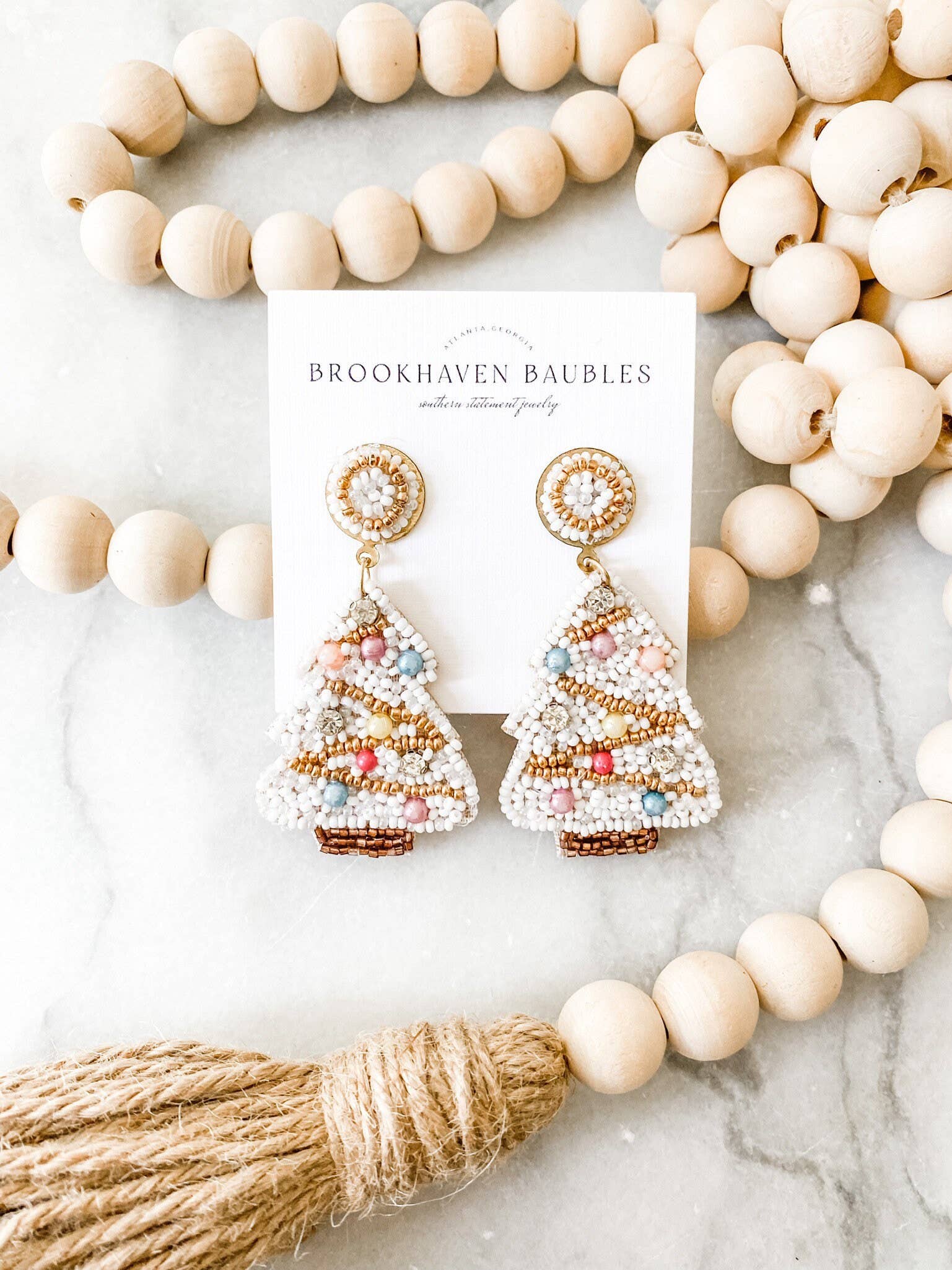Brookhaven Baubles - Wholesale Dangle Earrings - White Christmas Tree Beaded Statement Earrings