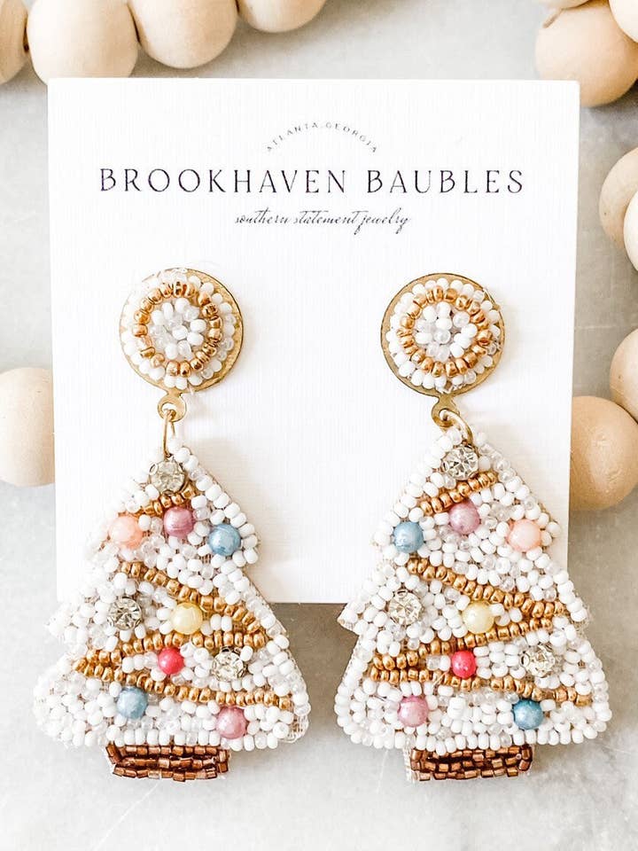 White Christmas Tree Beaded Statement Earrings for wholesale by Brookhaven Baubles