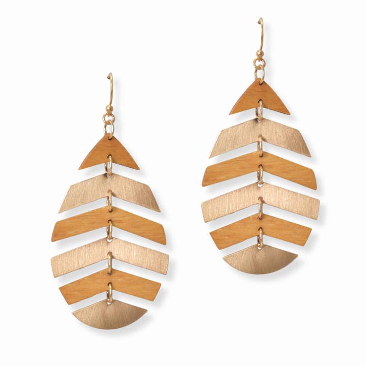SOPHIA WHOLESALE - Wholesale Dangle Earrings - Wood N Metal Accent Leaf Dangle Earring3
