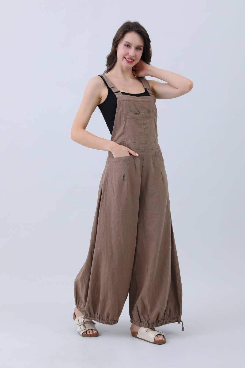 Mocha Natural Linen Jumpsuit for Women – Wide Leg Adjustable Cuffs for wholesale on Faire4