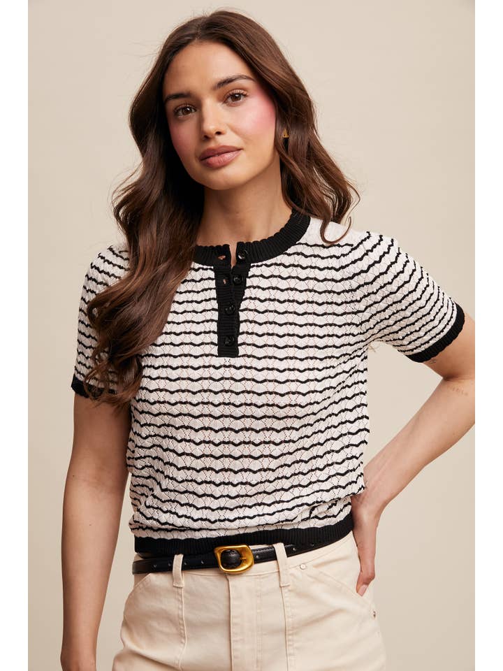 Listicle - Wholesale Knit Sweater - Women's - Striped Lace Light Weight Knit Sweater Top
