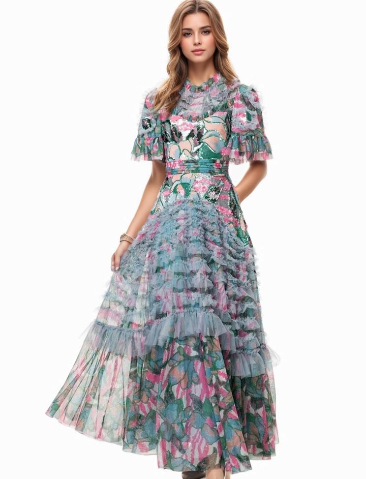 Color as pictures DR592Y Hand-Printed Lotus Leaf Lace Dress with Beaded Detail for wholesale on Faire2