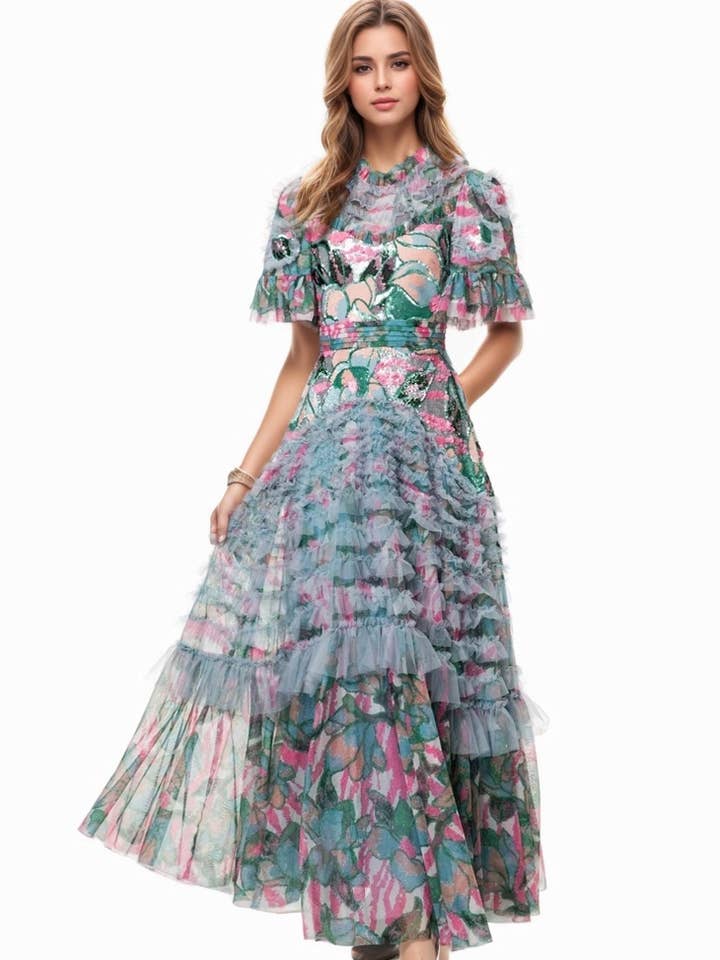 Color as pictures DR592Y Hand-Printed Lotus Leaf Lace Dress with Beaded Detail for wholesale on Faire2