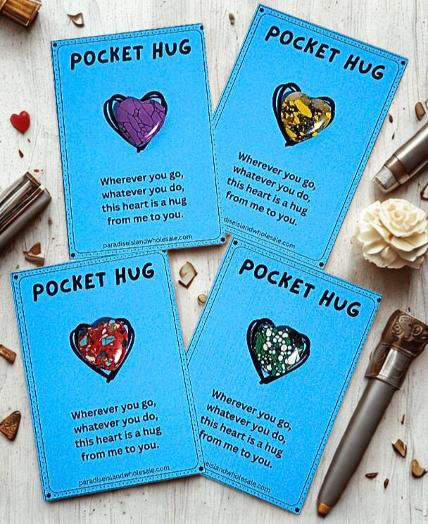 Paradise Island Gold and Silver - Wholesale Keepsake Coin/Token - Wholesale Pocket Hug – Blue Card w/ Colorful Stone Heart2