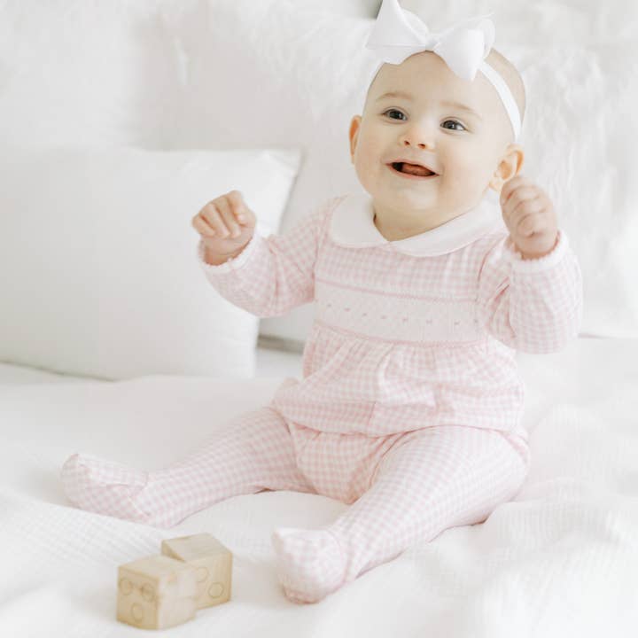 Mini Checks Smocked Collared Footie - Pink for wholesale on Faire3