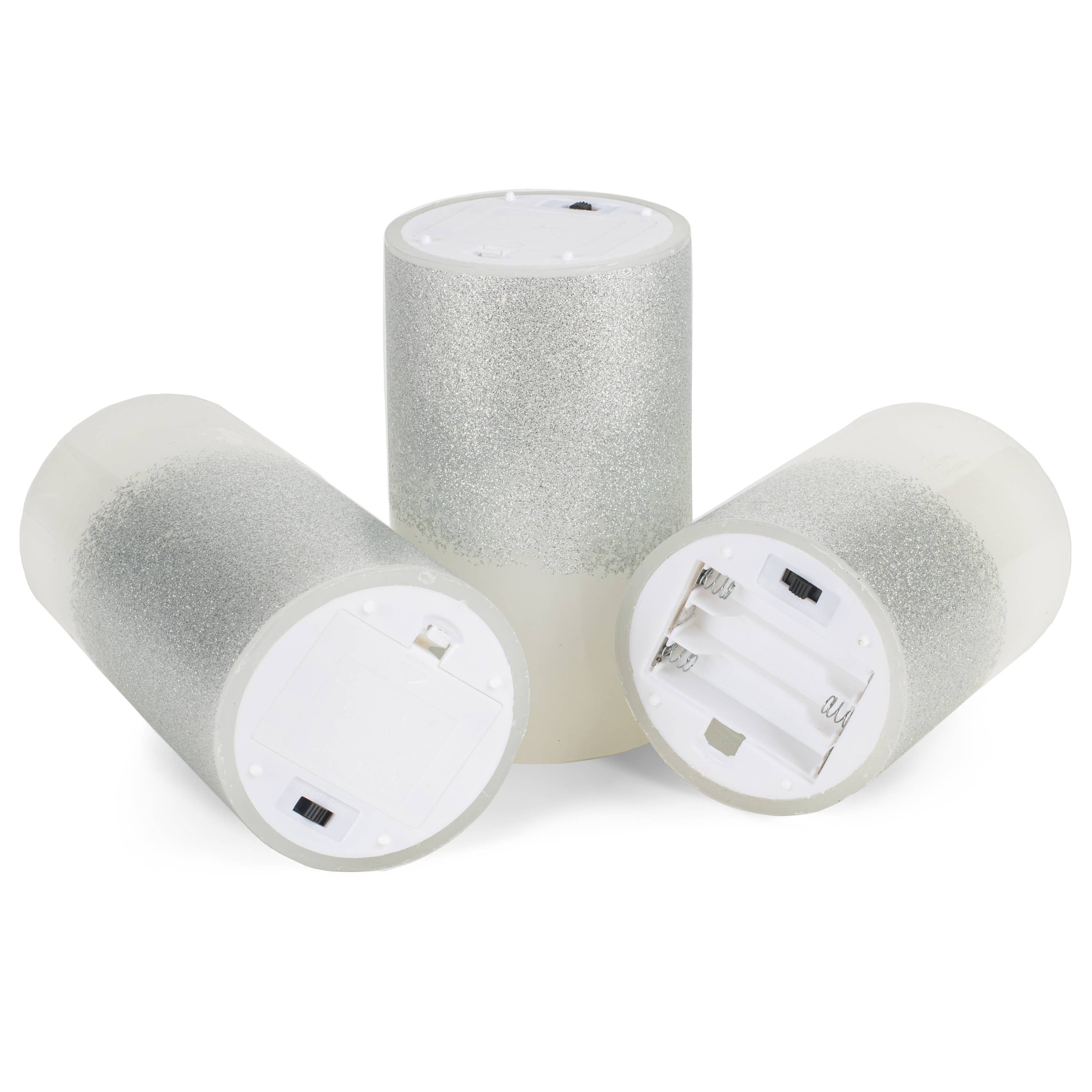 EAST AVENUE – wholesale Flameless candle – Silver Tone Glitter 6 inch Flameless Candles Set of 34