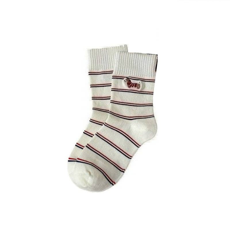 Funkyrel® Atzbranding Limited - Wholesale Sokken - Dames - Rufia - Cartoon Hond Geborduurde Gestreepte Sokken3