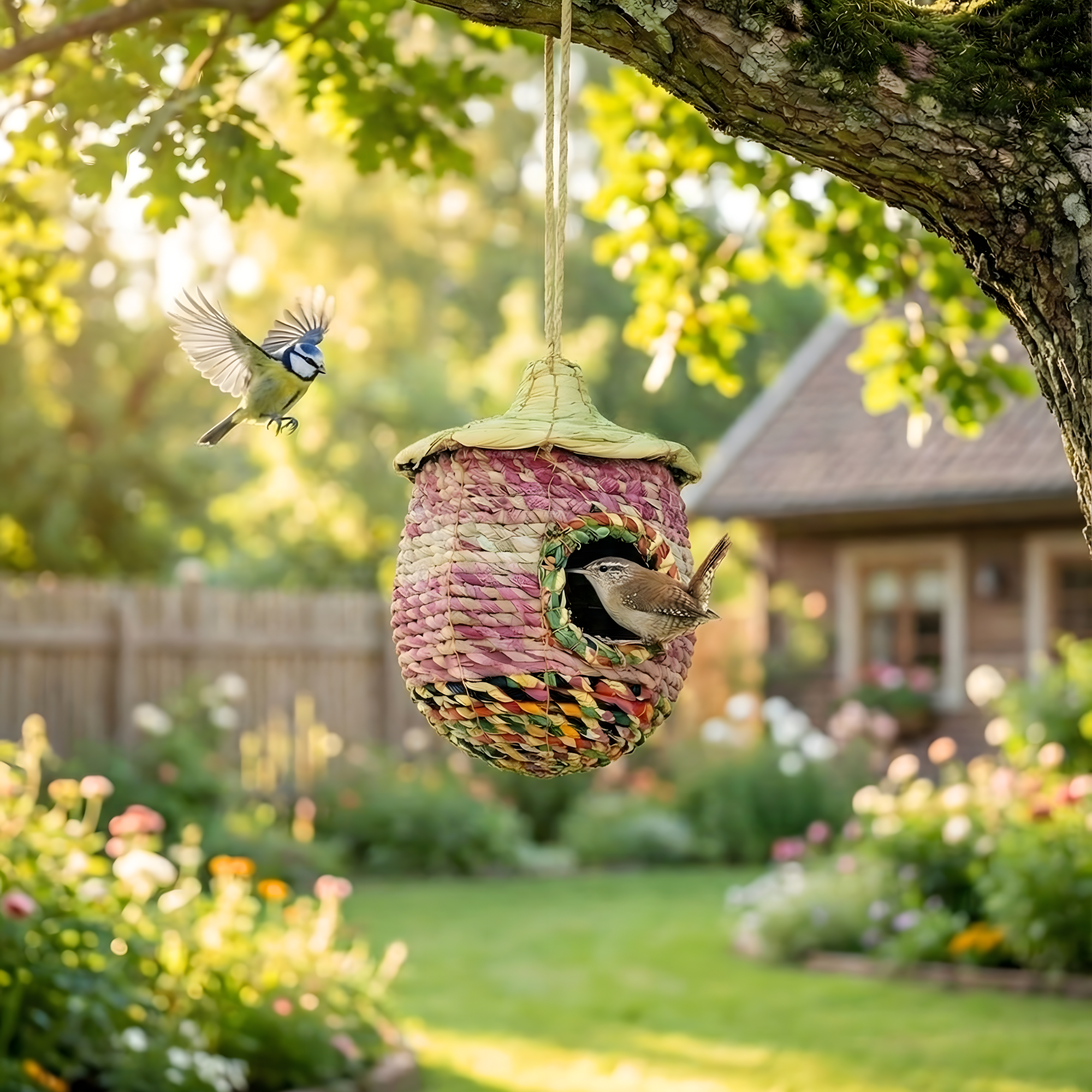 KORISSA – Großhandel Vogelhäuser – Handgewebtes Vogelhaus aus Seegras & Sari in Eichelform0