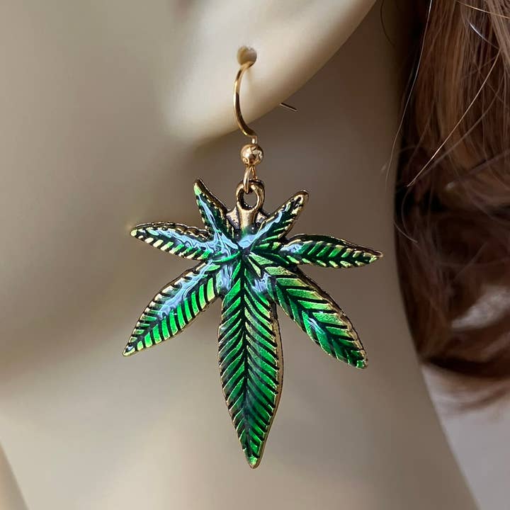 Glossy Green Gold Pot Leaf Weed Cannabis Earring for wholesale by Smokies Toke Couture