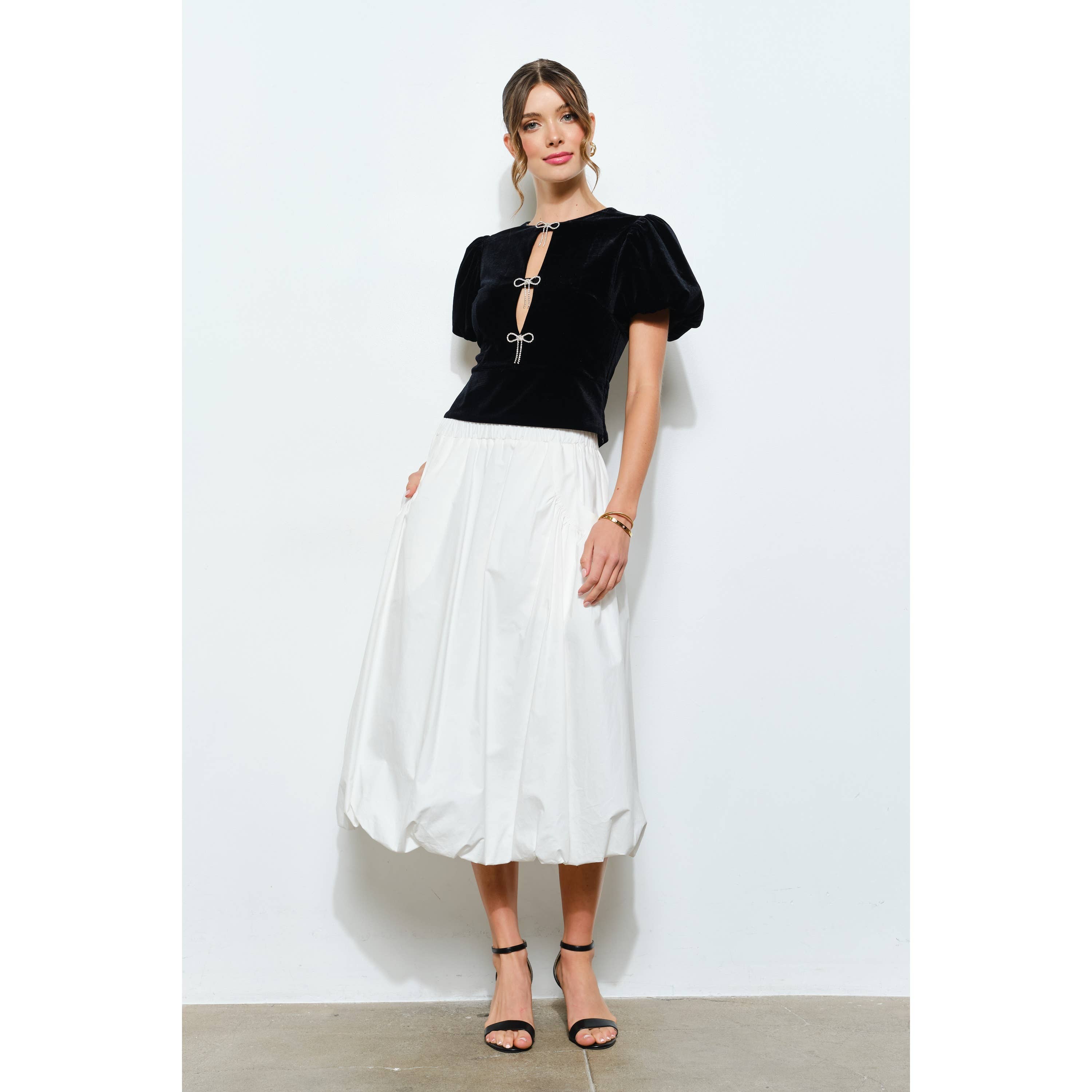 INA - Wholesale Blouse - Women's - Rhinestone Bow Cutout Velvet Puff Sleeve Top13