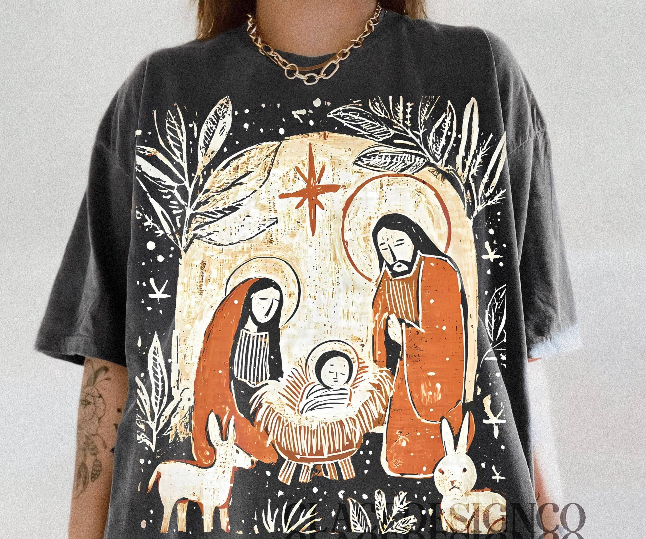 Glaime - Wholesale T-Shirt (Graphic) - Unisex - Floral Nativity Scene Comfort Colors Tee, Christmas Sweater0