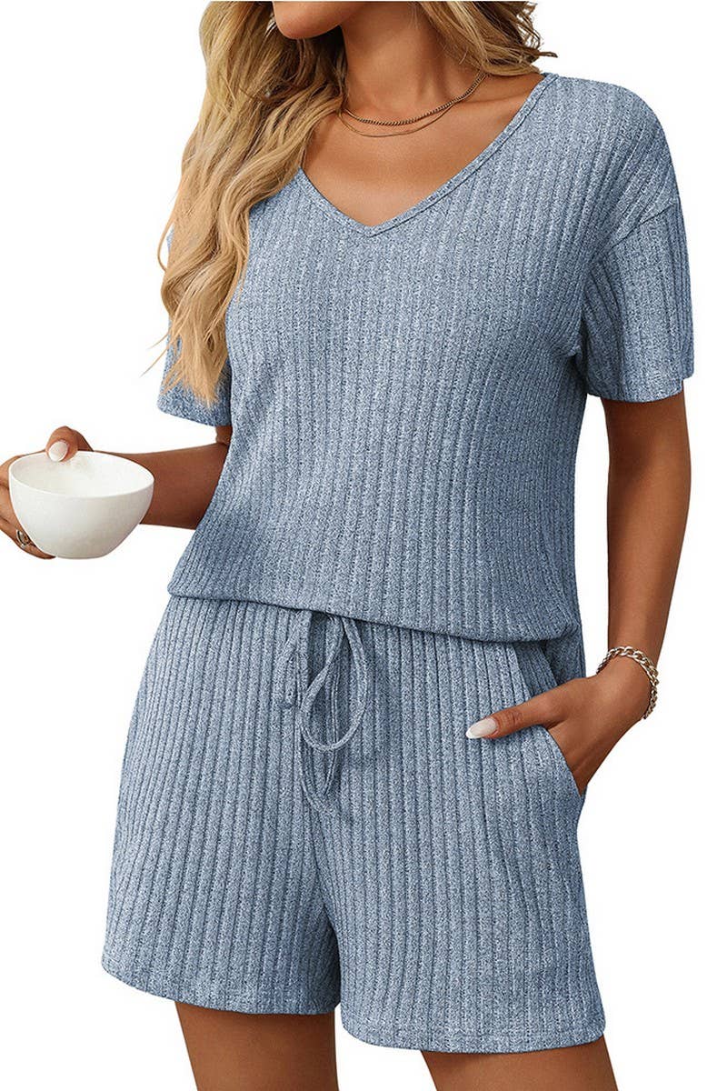 NINEXIS - Vente Ensemble de vêtements d'intérieur – femme - ENSEMBLE DE MAISON À MANCHES COURTES RAYÉ DE COULEUR UNIE CWSTB16636