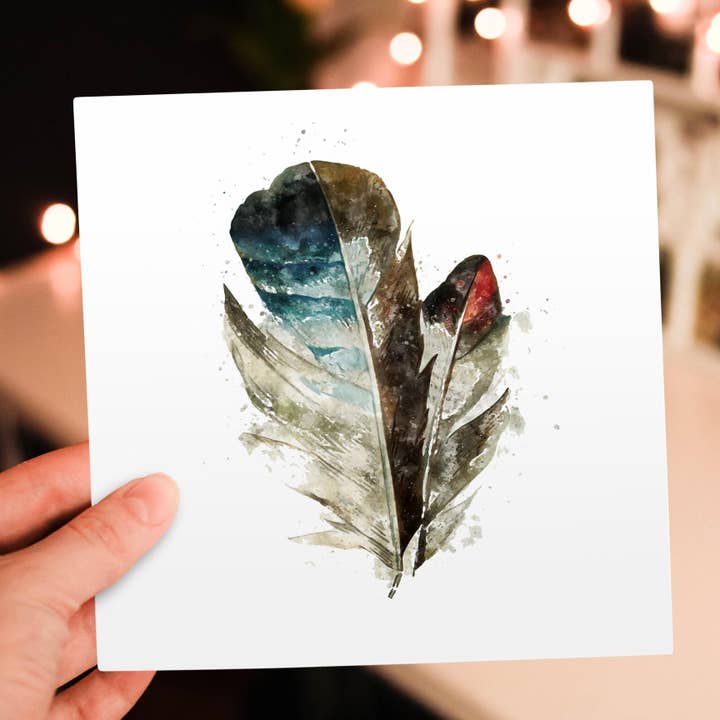 3dRose – wholesale Everyday greeting card – 3dRose, Blue, Brown, and Red, Watercolor Feather with Splatter, Greeting Card5