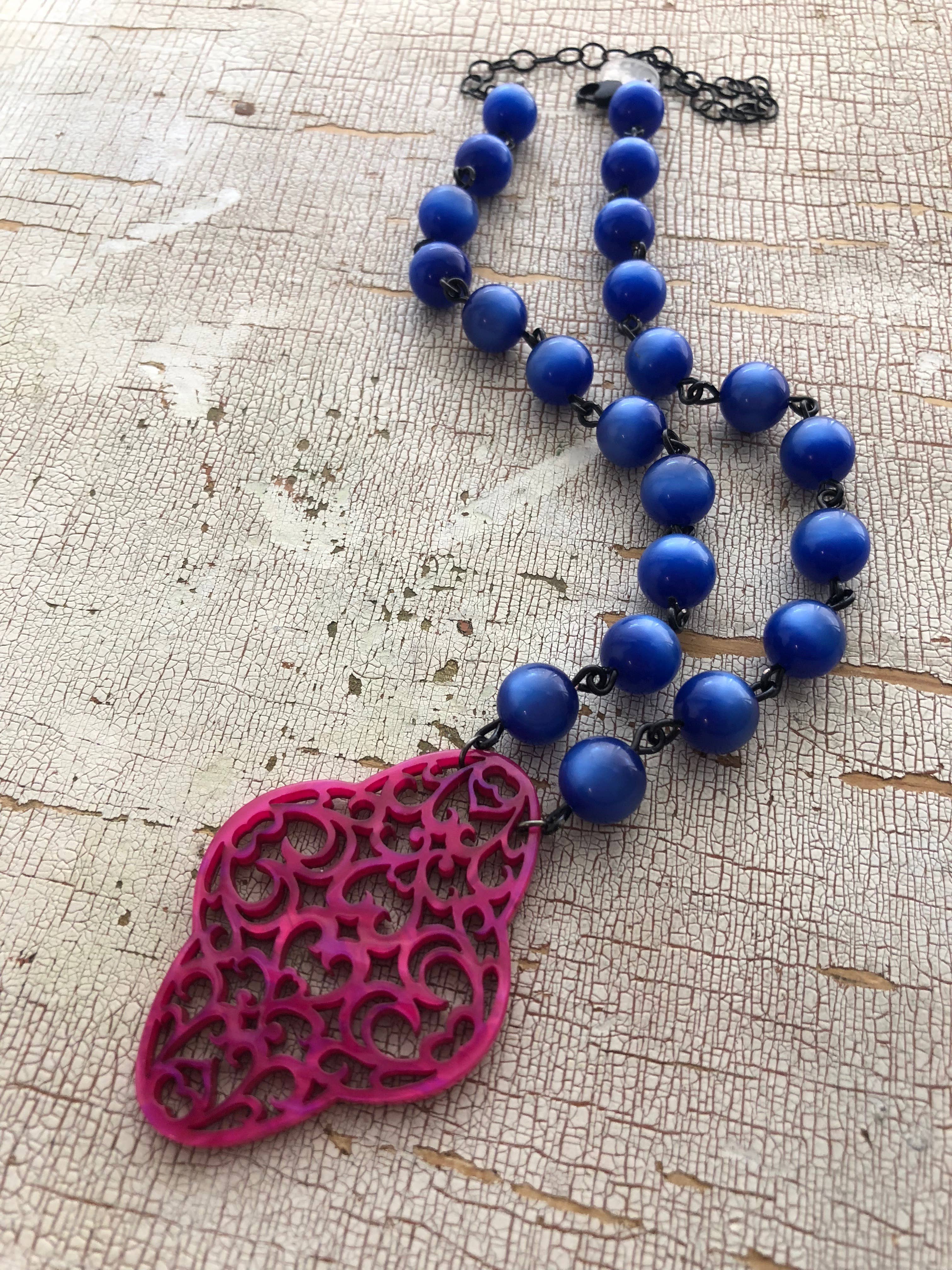 Leetie Lovendale - Wholesale Pendant/Charm Necklace - Sapphire Blue & Hot Pink Boho Lace Beaded Necklace4