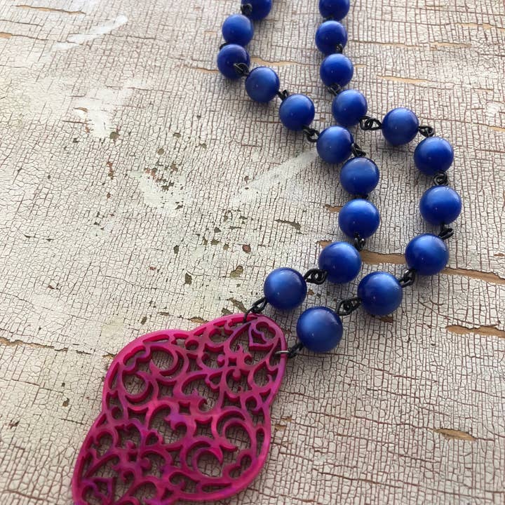 Leetie Lovendale - Wholesale Pendant/Charm Necklace - Sapphire Blue & Hot Pink Boho Lace Beaded Necklace4