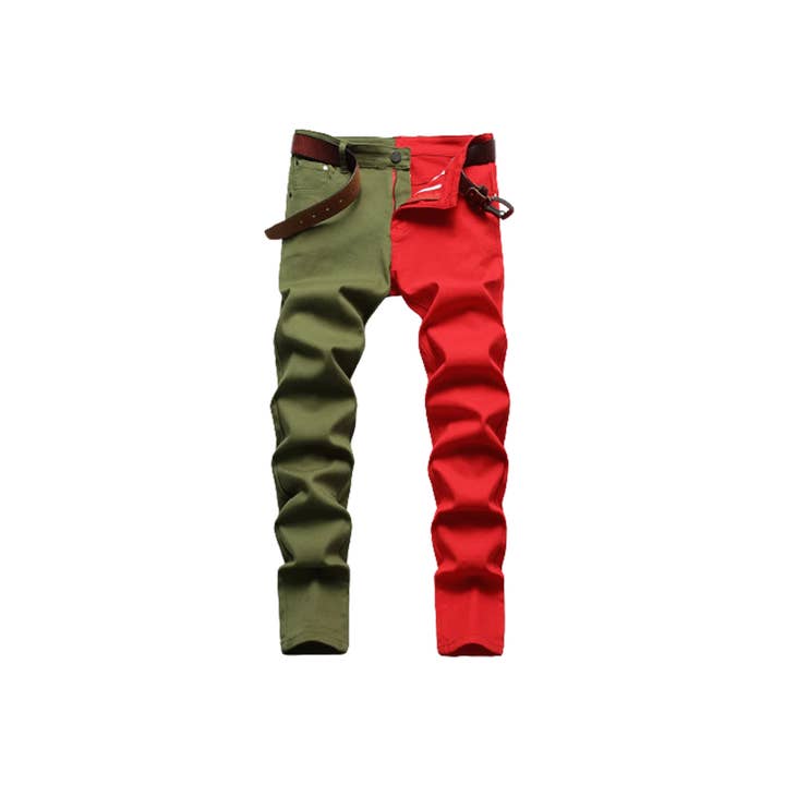 To kontrastfarver splejsede denimjeans til mænd for engroshandel hos Rhinestone Belt Store